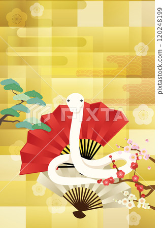 New Year's card illustration with snake, fan, pine and plum blossoms, and gold background New Year's card illustration with snake, fan, pine and plum blossoms, and gold background 120248199