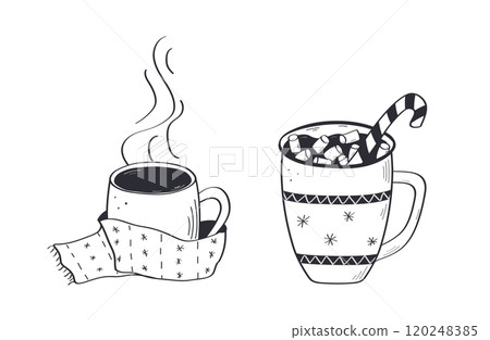 Christmas set of hot drinks doodle style. Delicious cocoa with marshmallows, hot chocolate, coffee with cream or tea. Vector illustration hand drawn. 120248385