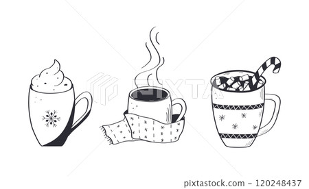 Christmas set of hot drinks doodle style. Delicious cocoa with marshmallows, hot chocolate, coffee with cream or tea. Vector illustration hand drawn. 120248437