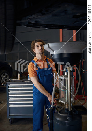Professional automotive engineer working at car repair station Professional automotive engineer working at car repair station 120248441