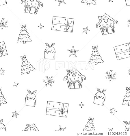 Seamless pattern of Christmas doodle icons. Vector illustration background. Concept of New Year holiday. 120248625