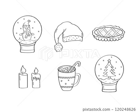 Christmas clipart set. Vector illustration of doodle icons. Hand drawn design elements candles, hot chocolate, cake, hat and glass balls. 120248626