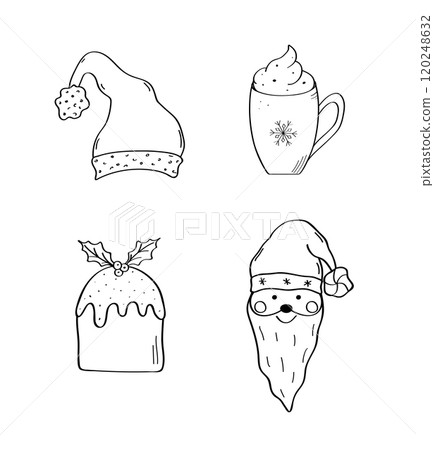 Christmas cartoon Santa, hat, festive pie, hot chocolate. Vector illustration of doodle icons. Christmas cartoon Santa, hat, festive pie, hot chocolate. Vector illustration of doodle icons. 120248632