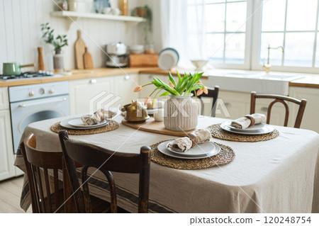 Scandinavian classic minimalistic kitchen with white and wooden details flowers. Modern white kitchen clean contemporary style interior design. Empty bright white interior minimal of kitchen 120248754