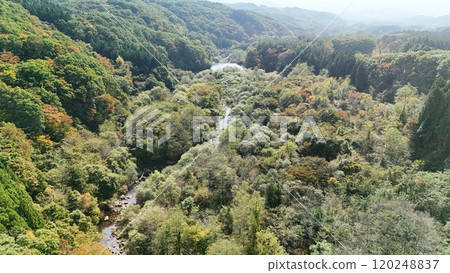 Aerial view of Yamabiko Suspension Bridge in early autumn 120248837