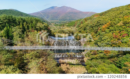 Aerial view of Yamabiko Suspension Bridge in early autumn 120248856
