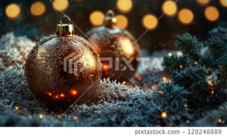 golden Christmas ornaments nestled in a bed of snow-covered pine branches 120248889