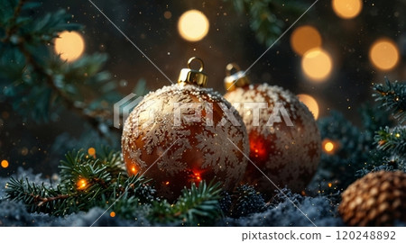 golden Christmas ornaments nestled in a bed of snow-covered pine branches 120248892