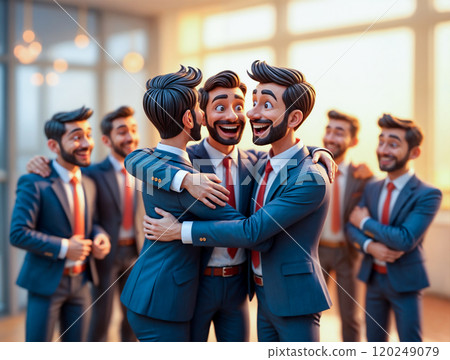 Businessmen celebrating a successful project launch with joyful expressions and camaraderie in a modern office during sunset 120249079