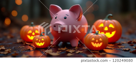 A pink piggy bank surrounded by glowing jack-o'-lanterns and autumn leaves during a Halloween celebration in a forest 120249080