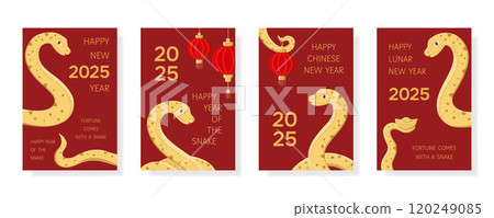 New Year cards set in red and gold colors. Chinese zodiac Snake symbol of the year. Lunar New Year 2025 concept. Template of cover,card,poster,flyer, banner. Vector illustration with snakes 120249085