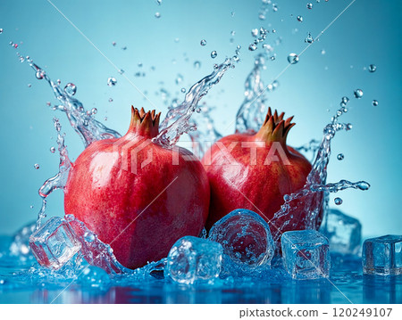 Fresh pomegranates splashing into water with ice cubes on a vibrant blue background Fresh pomegranates splashing into water with ice cubes on a vibrant blue background 120249107