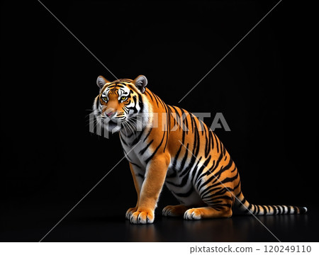 A majestic tiger sitting gracefully against a black backdrop showcasing its striking orange and black stripes in a close-up view A majestic tiger sitting gracefully against a black backdrop showcasing its striking orange and black stripes in a close-up view 120249110