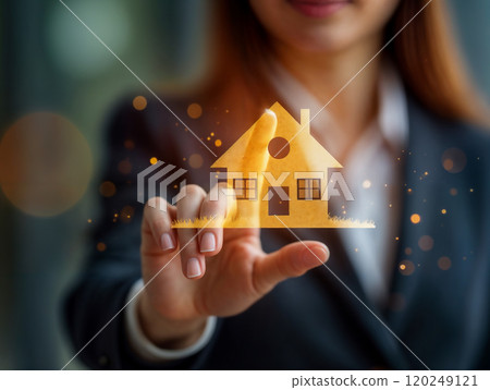 A business professional interacts with a digital house icon, representing real estate innovation in a modern office environment 120249121