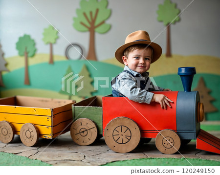 A cheerful child enjoying a colorful wooden train ride in a playful indoor setting surrounded by trees and greenery 120249150