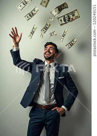 A man in a suit joyfully celebrates as money bills rain down around him in a modern office setting during daylight A man in a suit joyfully celebrates as money bills rain down around him in a modern office setting during daylight 120249151