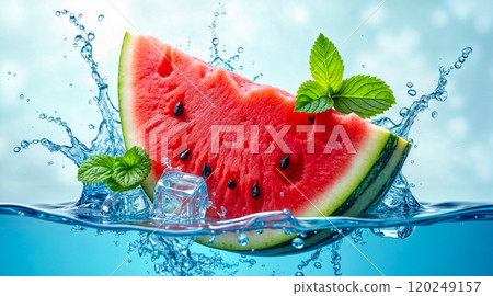 Fresh watermelon slice splashes into clear water with mint leaves and ice cubes on a sunny day Fresh watermelon slice splashes into clear water with mint leaves and ice cubes on a sunny day 120249157