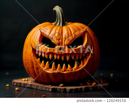 A menacingly carved pumpkin with sharp features and glowing eyes placed on a wooden base during Halloween festivities A menacingly carved pumpkin with sharp features and glowing eyes placed on a wooden base during Halloween festivities 120249158