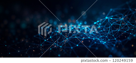 A digital landscape depicting interconnected glowing nodes and lines representing network connections in a dark environment A digital landscape depicting interconnected glowing nodes and lines representing network connections in a dark environment 120249159
