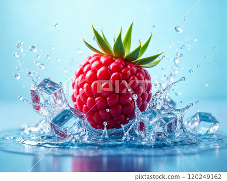 Fresh raspberry splashes into icy water creating droplets and ripples with vibrant colors in a bright setting Fresh raspberry splashes into icy water creating droplets and ripples with vibrant colors in a bright setting 120249162