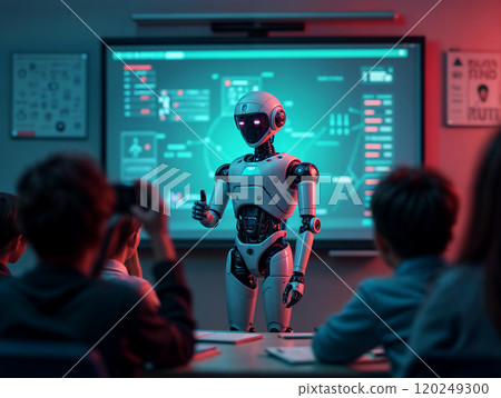 A classroom with students engaging with a humanoid robot during a technology presentation in a modern educational setting 120249300