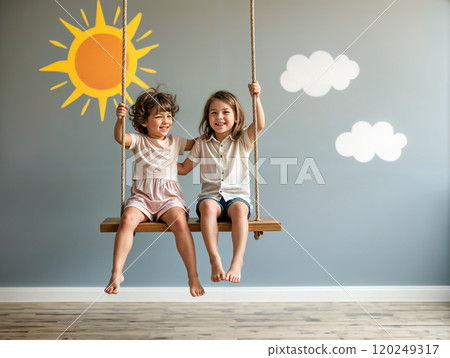 Two children joyfully swinging together in a decorated playroom on a sunny day filled with warmth and laughter Two children joyfully swinging together in a decorated playroom on a sunny day filled with warmth and laughter 120249317