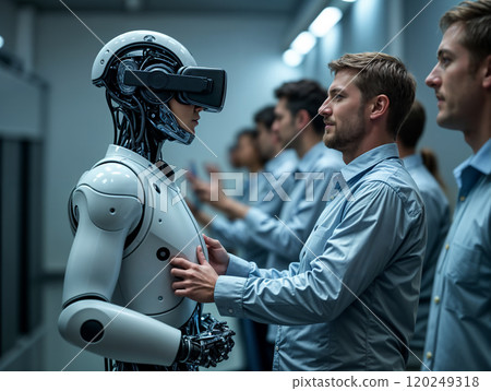 A scientist interacts with an advanced humanoid robot in a high-tech lab during a demonstration of virtual reality technology 120249318