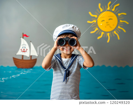 A joyful child wearing a sailor hat explores with binoculars against a colorful maritime backdrop indoors 120249320