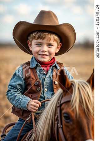 A young cowboy smiles while riding his pony in a field during a bright sunny day, showcasing joy and adventure in rural life A young cowboy smiles while riding his pony in a field during a bright sunny day, showcasing joy and adventure in rural life 120249324