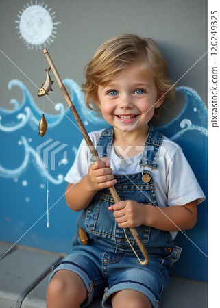 A joyful child wearing overalls holds a fishing rod with caught fish in front of a colorful ocean mural A joyful child wearing overalls holds a fishing rod with caught fish in front of a colorful ocean mural 120249325