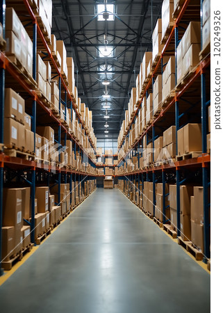 A spacious warehouse featuring neatly stacked boxes on shelving units, illuminated by overhead lights during daylight hours 120249326