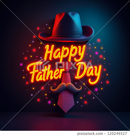 A festive display of a hat and tie with vibrant neon lights celebrating Father's Day in a playful and colorful way A festive display of a hat and tie with vibrant neon lights celebrating Father's Day in a playful and colorful way 120249327
