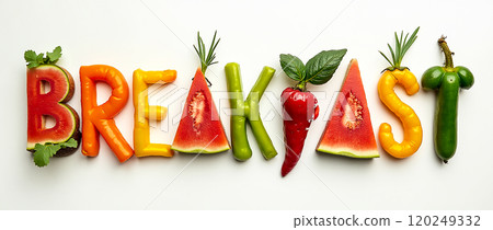 Colorful arrangement of fruits and vegetables spells out breakfast in a creative display on a white background 120249332