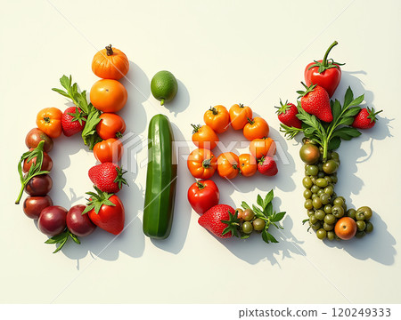 Healthy vegetables and fruits creatively arranged to spell the word diet on a light background during daylight 120249333