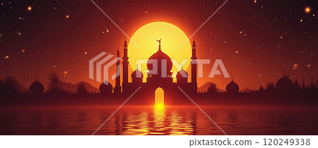 Silhouetted mosque against a vibrant sunset sky reflecting on calm water at evening Silhouetted mosque against a vibrant sunset sky reflecting on calm water at evening 120249338