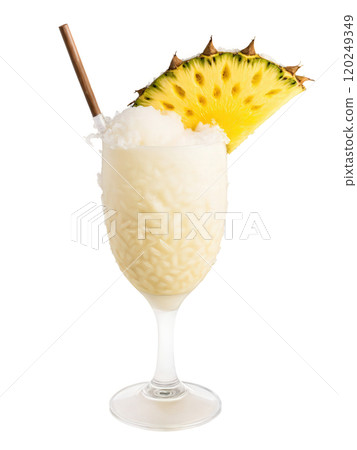 Frozen Pina Colada with rum, pineapple, coconut, and crushed ice, creamy white and yellow tones, isolated 120249349