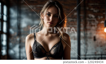 Woman black lingerie with strappy details edgy and modern industrial loft setting low key lighting 120249434