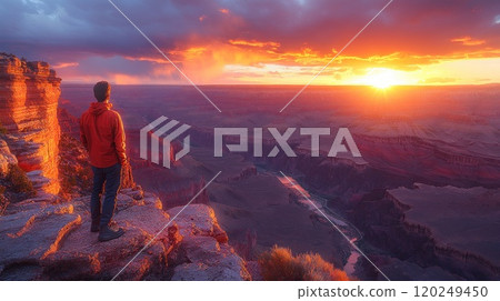 Man Witnessing Breathtaking Sunset Over Grand Canyon Man Witnessing Breathtaking Sunset Over Grand Canyon 120249450