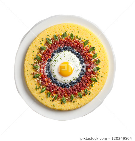 Breakfast polenta mandala a circular pattern of creamy breakfast polenta with toppings and garnishes 120249504