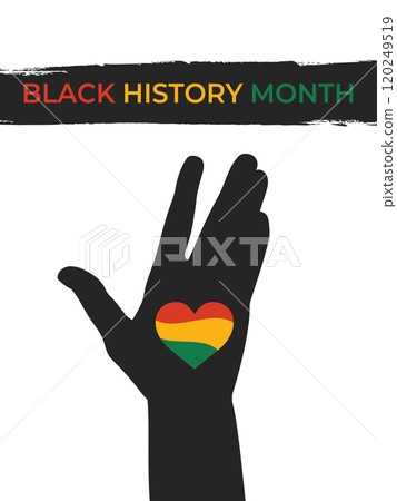 Black history month celebrate poster with red, yellow, green colored heart on open palm of raised hand. Vector illustration Black history month celebrate poster with red, yellow, green colored heart on open palm of raised hand. Vector illustration 120249519