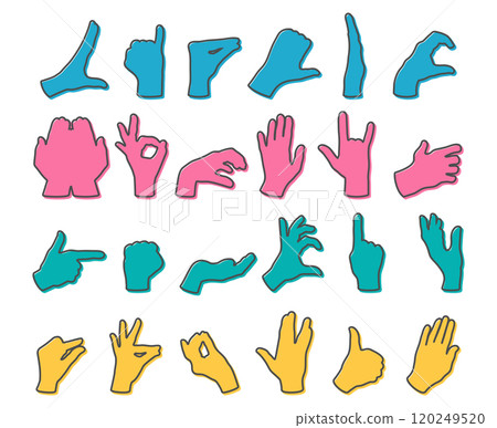 Set of colored hand gestures silhouettes. Hands outline. Gesturing like okay sign, thumb up, pointing finger, making heart. Vector illustration Set of colored hand gestures silhouettes. Hands outline. Gesturing like okay sign, thumb up, pointing finger, making heart. Vector illustration 120249520