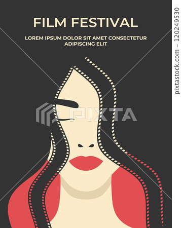 Creative film festival retro poster template with woman face with filmstrip hairstyle. Movie film cinema concept. Vector illustration Creative film festival retro poster template with woman face with filmstrip hairstyle. Movie film cinema concept. Vector illustration 120249530