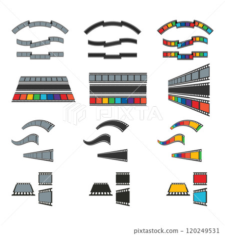 Set of different shaped and colored film strips. Curved and wavy, black and colorful film tapes isolated on white background. Vector illustration Set of different shaped and colored film strips. Curved and wavy, black and colorful film tapes isolated on white background. Vector illustration 120249531