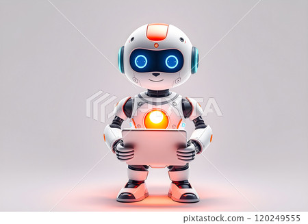 A friendly, futuristic robot holding a tablet and smiling while standing on a clean, minimalist background in a tech-inspired setting 120249555