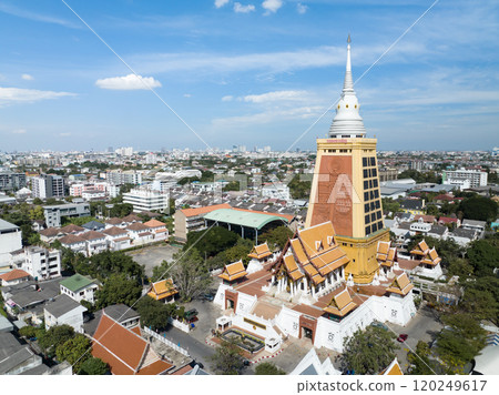 Drone Shot of Thailand temple names Wat Dhammamongkol, Located in Phra Khanong, Bangkok, Thailand. Thai Language Text letter in Photo mean 1. LONG LIVE THE KING, 2. DHUMMA LAND 3. PAGODA NAME 120249617