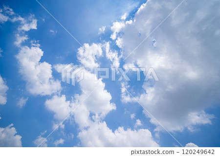 Big cloud in the blue sky was shot by wide lens at afternoon time. It's very hot weather in Thailand, Asia. Big cloud in the blue sky was shot by wide lens at afternoon time. It's very hot weather in Thailand, Asia. 120249642