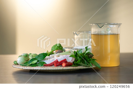 The ingredients, including chicken wings, chilli, kaffir lime leaves and lemongrass, are prepared to be cooked for a famous thai dish, Green Curry. The ingredients, including chicken wings, chilli, kaffir lime leaves and lemongrass, are prepared to be cooked for a famous thai dish, Green Curry. 120249656