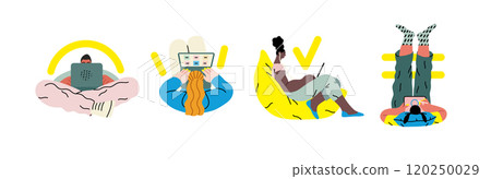 Creative workspace, modern flat vector concept illustration of a person working with a computer Remote work, flexibility, independence, efficiency, mobility, synergy, freedom Creative workspace, modern flat vector concept illustration of a person working with a computer Remote work, flexibility, independence, efficiency, mobility, synergy, freedom 120250029