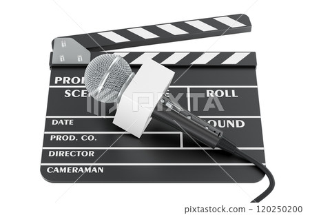 Clapperboard and Reporter Microphone with blank white box. 3D rendering 120250200