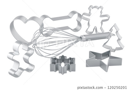Cookie Cutters Christmas Shapes for Holiday Winter Baking with metallic balloon whisk. 3D rendering 120250201